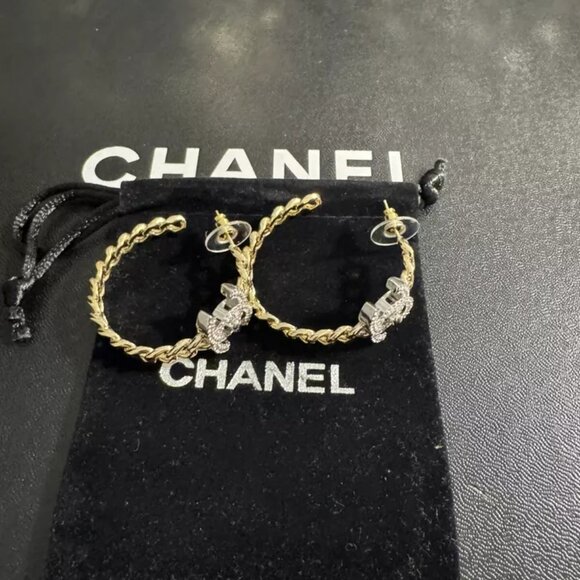 Chanel Gold Tone Crystal Double CC Turnlock Hoop Earrings - Picture 3 of 6